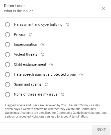 Select the reason of reporting the content